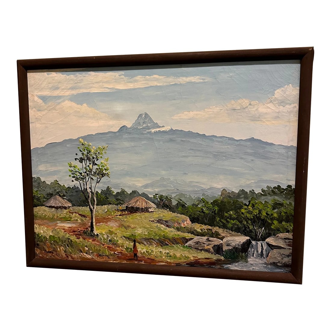 African Painting Kenya Village Scene With Mt. Kilimanjaro in Background Oil Painting on Canvas: A lovely mid century panoramic view of the a kenyan landscape set in the foothills of Mount Kilimanjaro in Kenya Lovely village scene with huts their inhabitants with brilliant blue sky overhead.