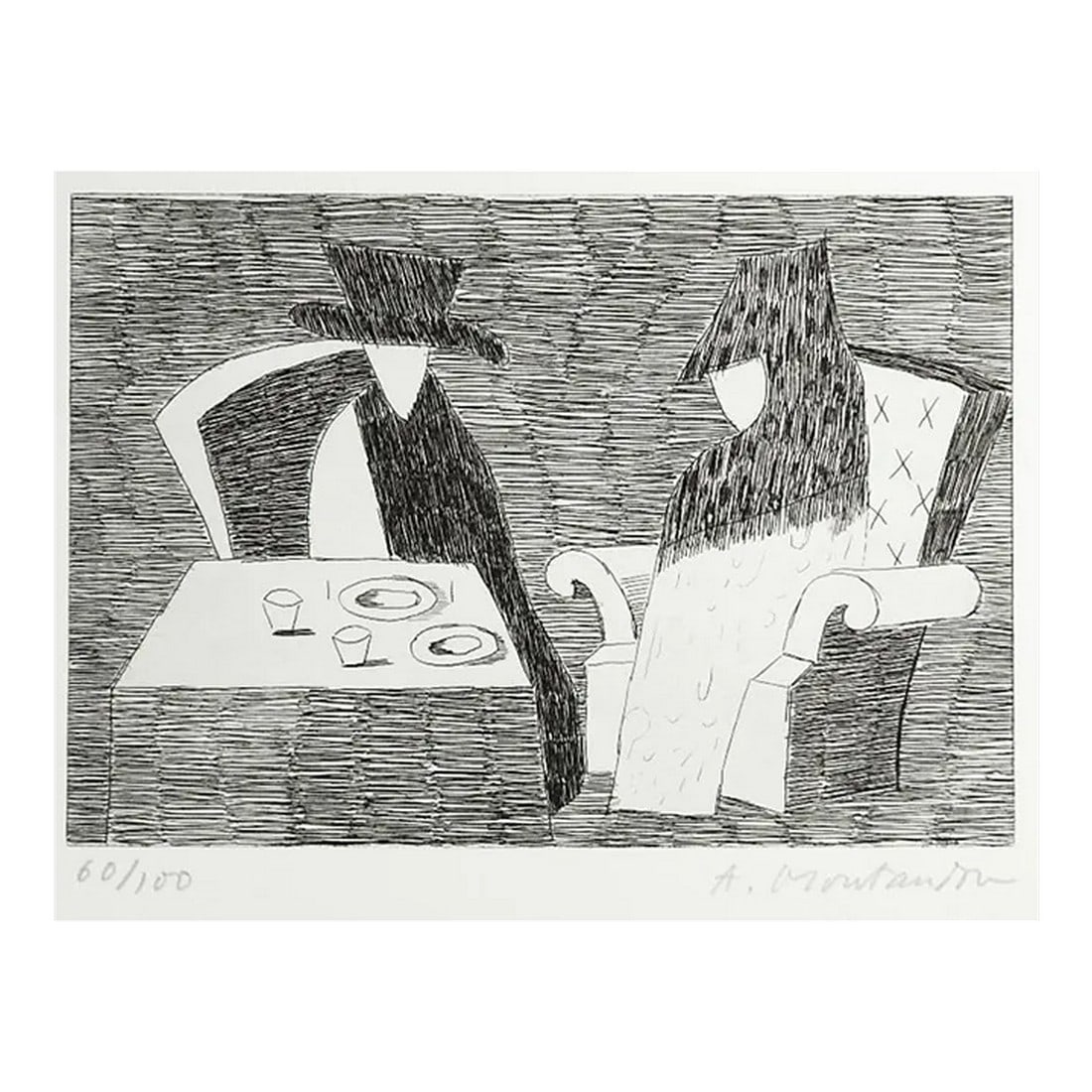 Mid 20th Century Abstract Couple at Dinner Etching: Vintage mid 20th century etching on paper abstract composition of a couple at the dinner table by Aime Montandon (1913-1985) Switzerland. Signed and numbered 60/100 in pencil along lower margin. 