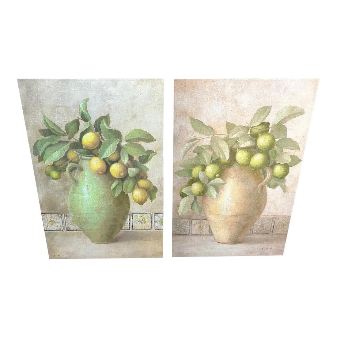 Vintage Lemon Giclee Prints by Artist Fabrice De Villeneuve: Pair of Vintage Fabrice De Villeneuve Lemon Giclee prints. Rustic European look thats perfect for a kitchen nook. Fabrice De Villeneuve is a French painter who was born in 1954. Fabrice De