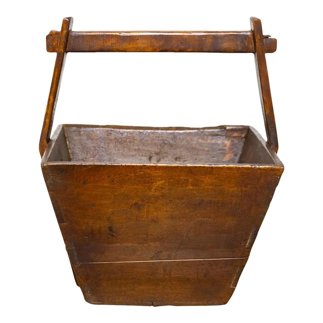 Traditional Asian Wooden Basket: Antique Chinese wooden basket! Its weathered wood, kissed with a warm aged patina, whispers tales of countless harvests, its sturdy handle silently bearing witness to generations of farmers' toil.