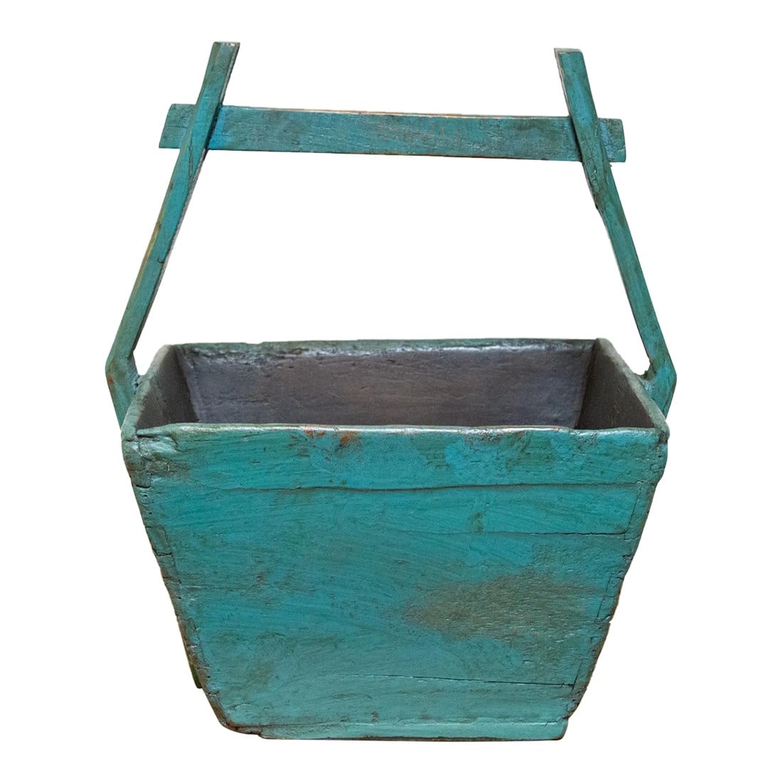 Antique Blue Painted Asian Basket: Antique Chinese wooden basket! Its weathered wood, kissed with a warm aged patina, whispers tales of countless harvests, its sturdy handle silently bearing witness to generations of farmers' toil.
