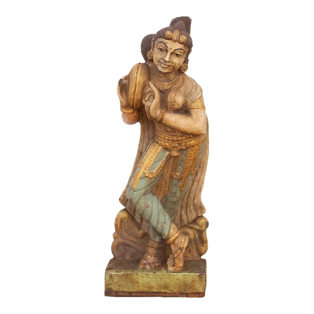 Southern Indian Stone Celestial Figure: An antique finely carved statue from southern India that was originally part of an exterior wall of a temple. This antique statue is hand-carved out of stone, which is a common material used in