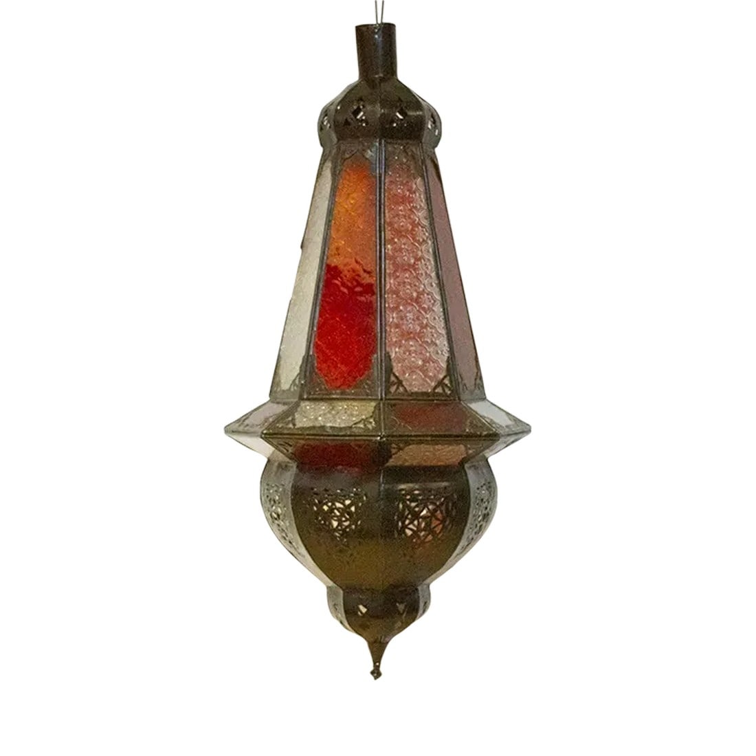 Red & White Moroccan Glass Lantern: Handcrafted in Marrakech by skilled artisans, this magnificent Moroccan tall hanging lantern promises to illuminate your space with more than just light. Intricate pierced metalwork dances against
