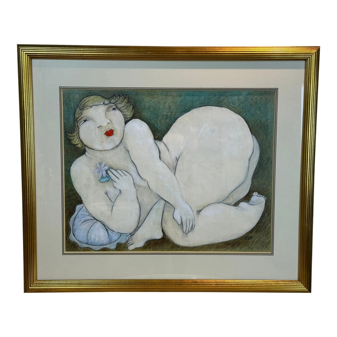 Portrait of a Robust Woman - Original Pastel Art: This painting depicts the nude portrait of a robust woman with bright red lips. She is comfortable with herself and in her pose. The artist signs as GRV80. It is possibly circa 1980s or 1990s. 