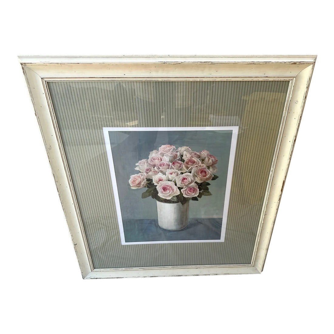 Shabby Chic Pink Rose Print: Beautiful Shabby Chic pink rose print. Distressed frame with stripe matting. Great for a girls room or entry way in a farmhouse setting. 32.25in w x 36in h x 1.25in d Make sure to follow me, I have