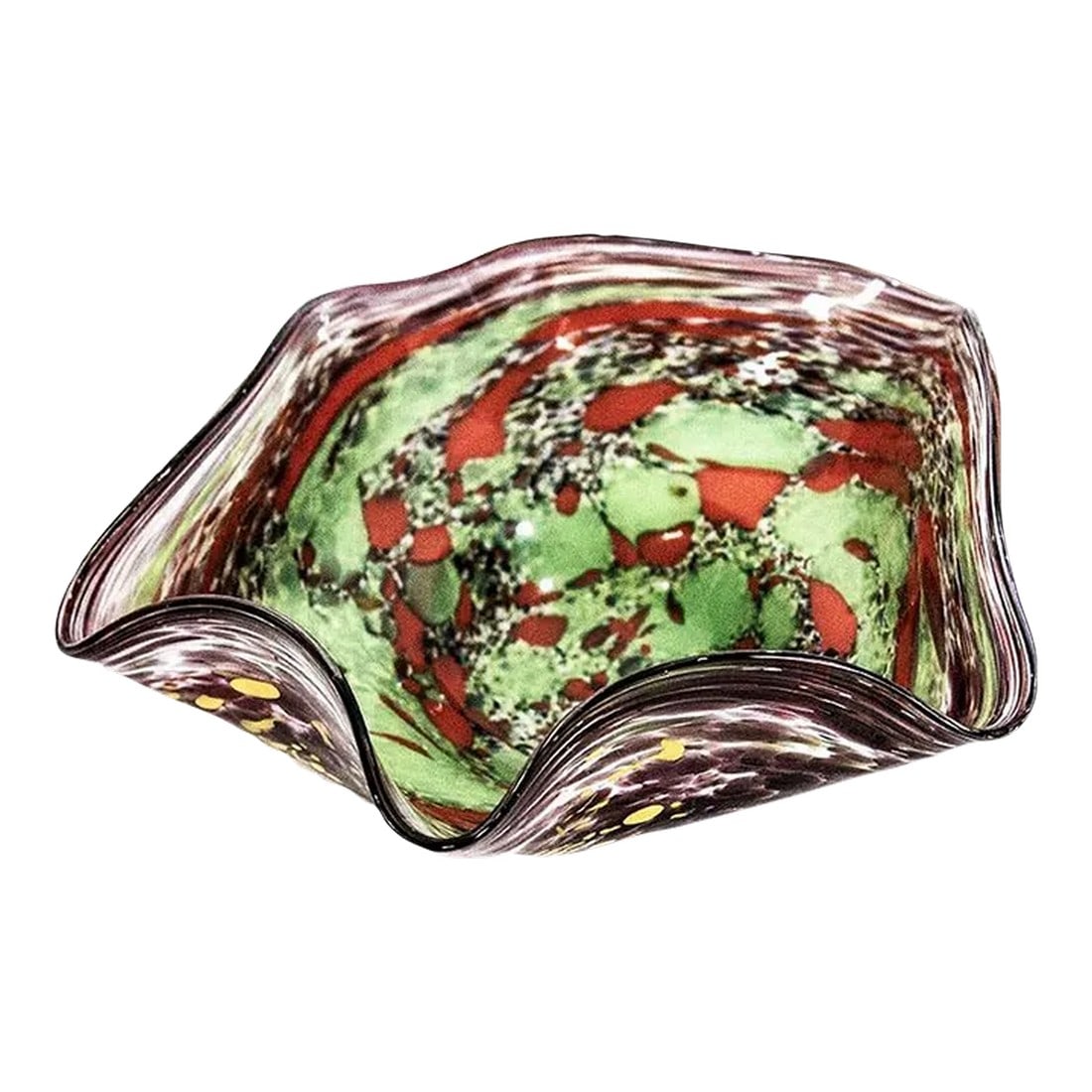 Estes Park Hand Blown Glass Ruffled Bowl - One of a Kind: Estes Park Colorado is known for it's stunning one of a kind glass creations made by hand. This beautiful ruffled glass bowl is one of a kind with amazing vibrant colors flowing throughout. 