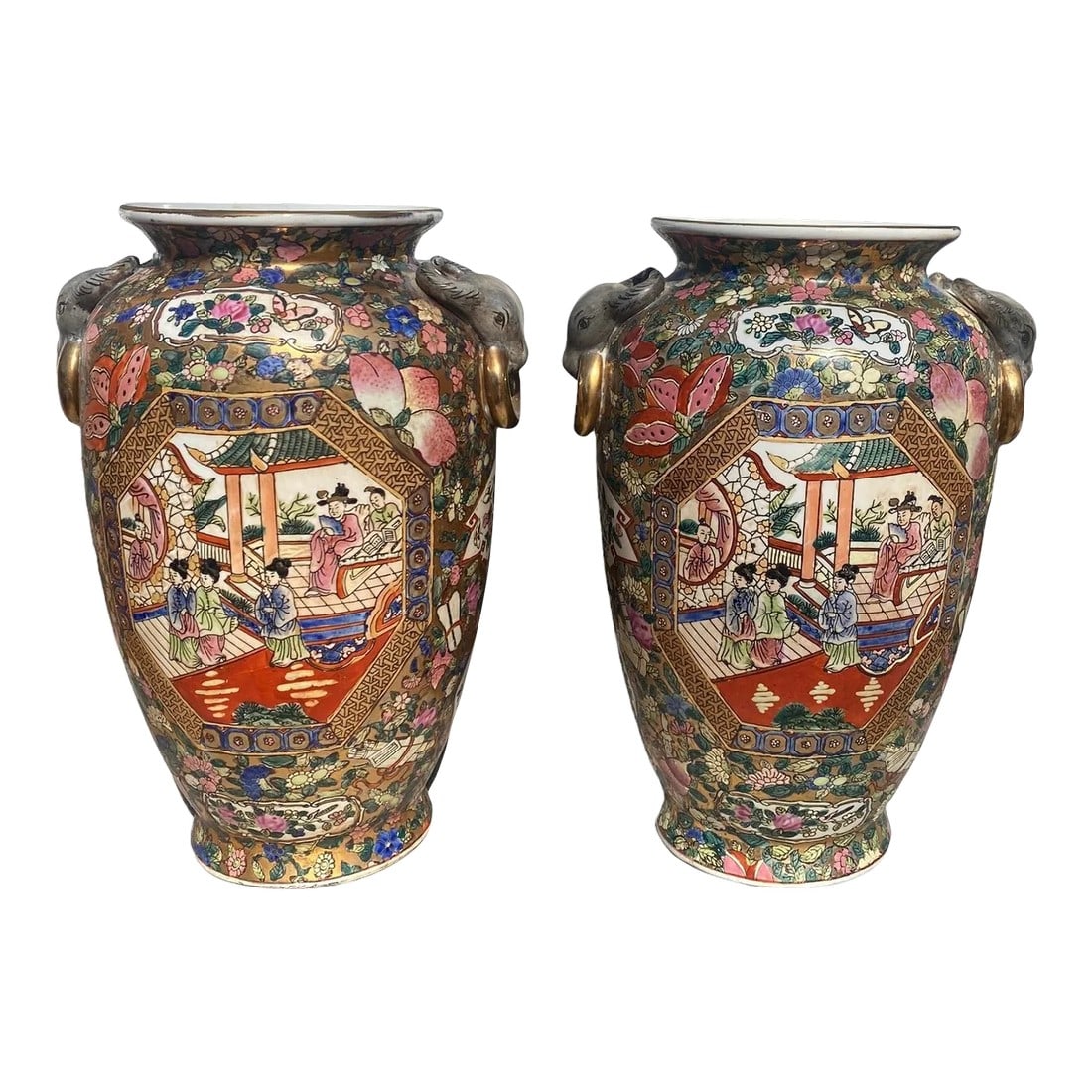 Late 20th Century Chinese Hand-Painted Porcelain Urn Vases With Bull Head Handles Design - a Pair: Late 20th Century Chinese 12" Handpainted Porcelain Urn Vases With Bull Head Handles Design - a Pair. These lovely vases are in excellent preloved condition with no chips, cracks or repairs. The