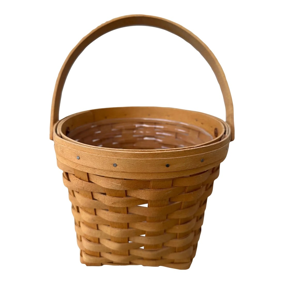 Vintage Longaberger Round Handled Basket: Vintage Round Longaberger Handwoven Wood Basket, great basket to add to your collection. I have an assortment of shapes and sizes in these baskets so make sure to check out my other listings. Perfect