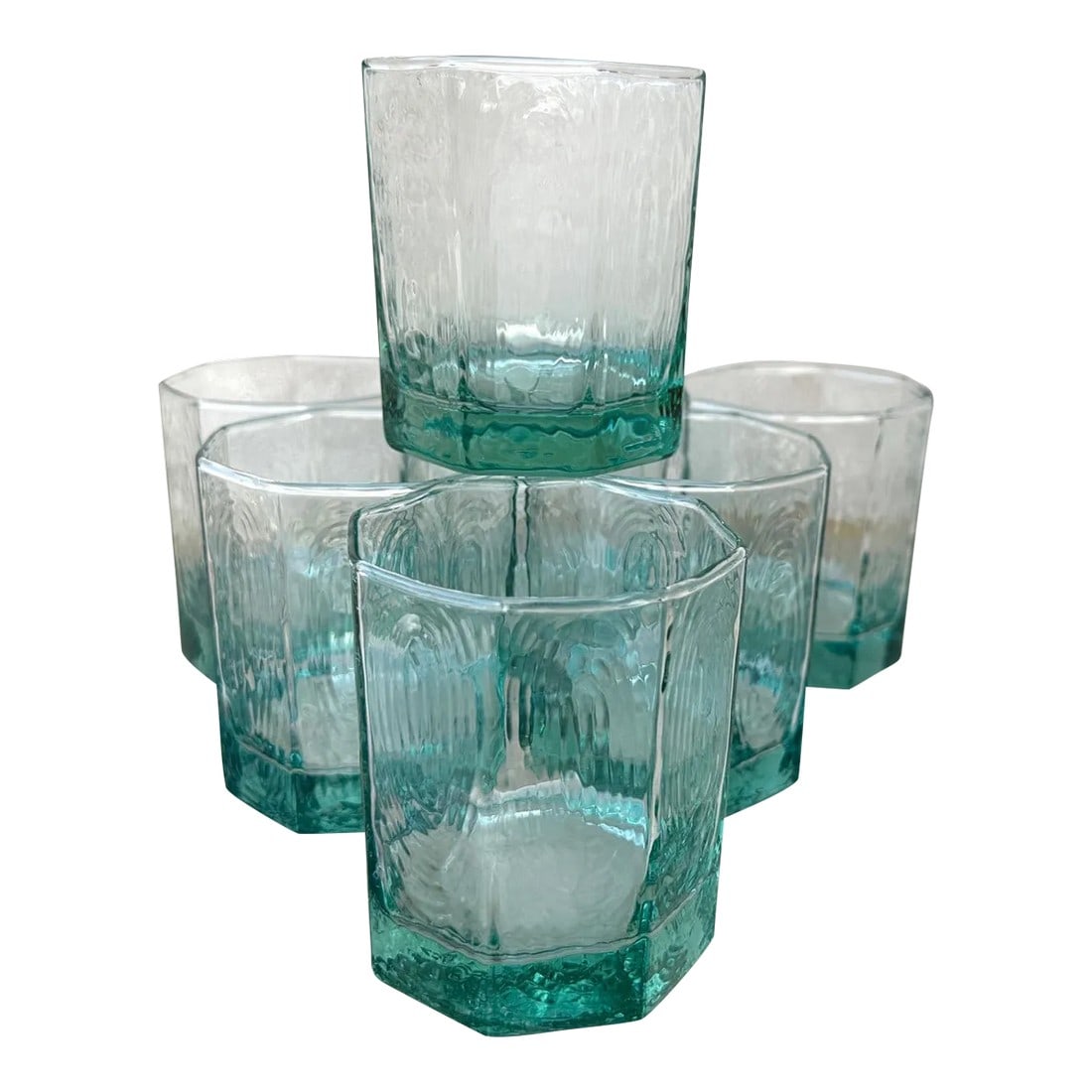 Vintage Libby Facets Green Hexagonal Old Fashion Glassware-A Set: Vintage Libby Old Fashion Glassware in Facets Green Hexagon shape. So pretty and perfect with white dinnerware. 3.5in h x 3in x 3in Make sure to follow me, I have flash sales for my followers only 