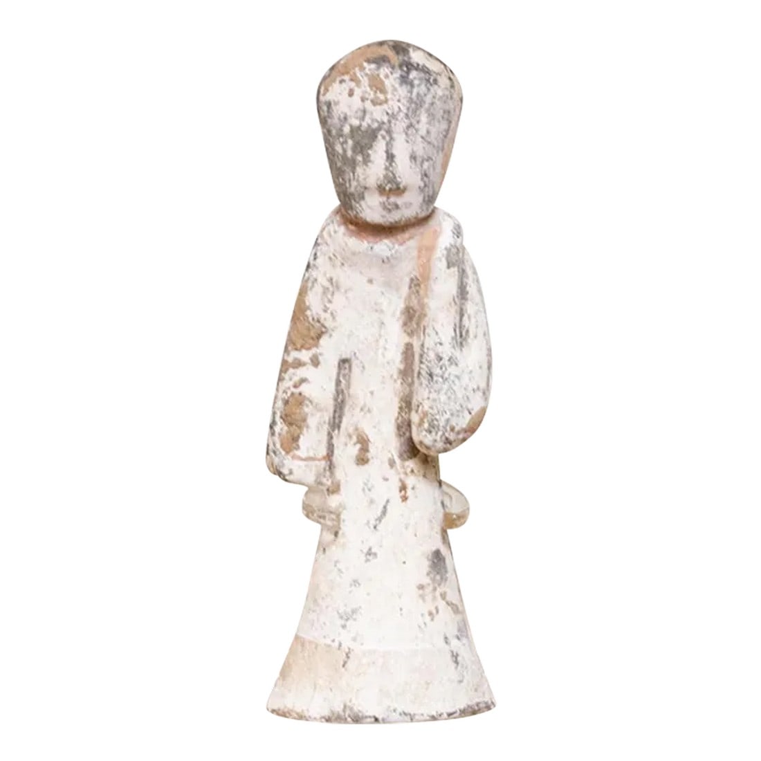 Han Dynasty Style Painted Pottery Court Lady: This antique pottery statue, crafted in the elegant style of the Han Dynasty, is a delightful representation of ancient Chinese art. Its unglazed surface reveals remnants of white paint, hinting at