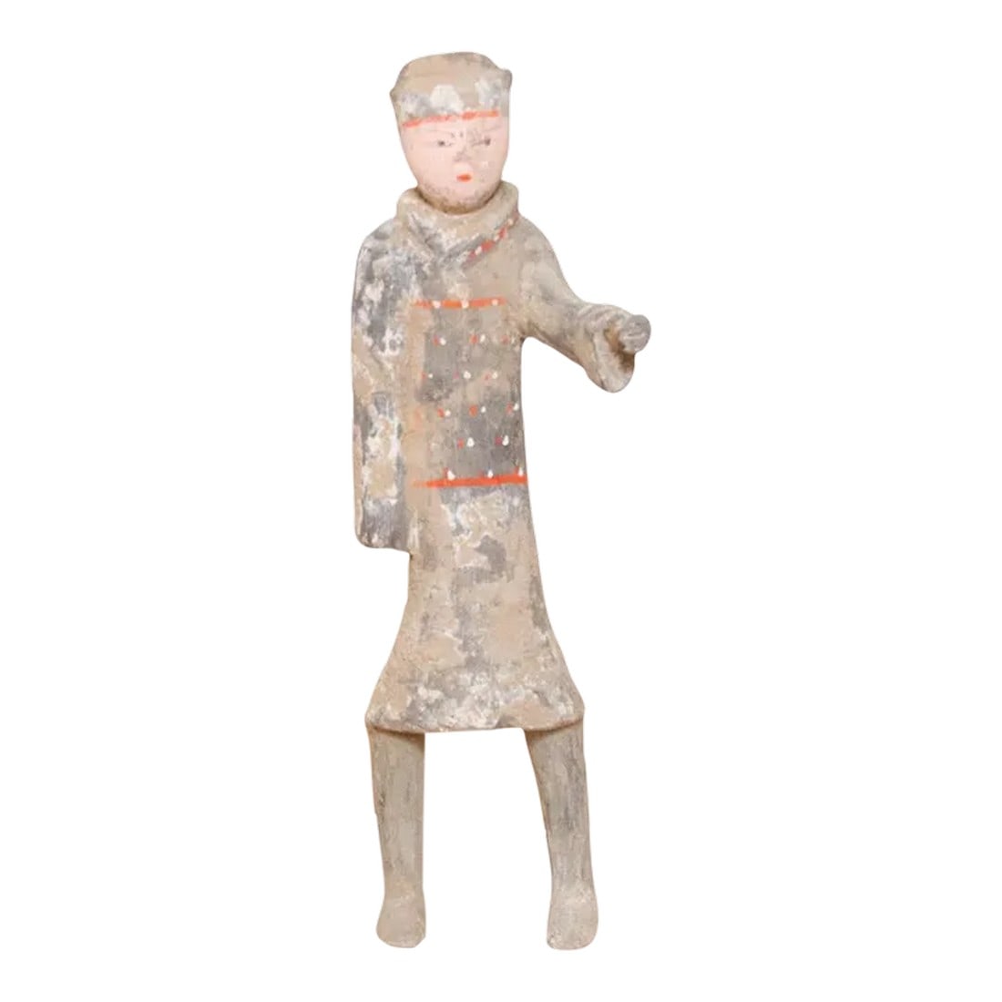 Antique Warrior Painted Pottery Figure: This impressive pottery figure from China's Han Dynasty style depicts a horse groom with remarkable detail and naturalism. Crafted with precision, this old pottery figure showcases a slender physique