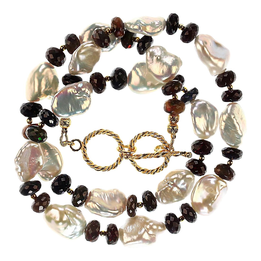 Black Opal and White Keshi Pearl Necklace: This is part of Chairish's Fine Jewelry assortment. Timeless 19-Inch Black and White Necklace with Black Opal and Keshi Pearls – Elegant for Any Occasion Add a touch of sophistication to any