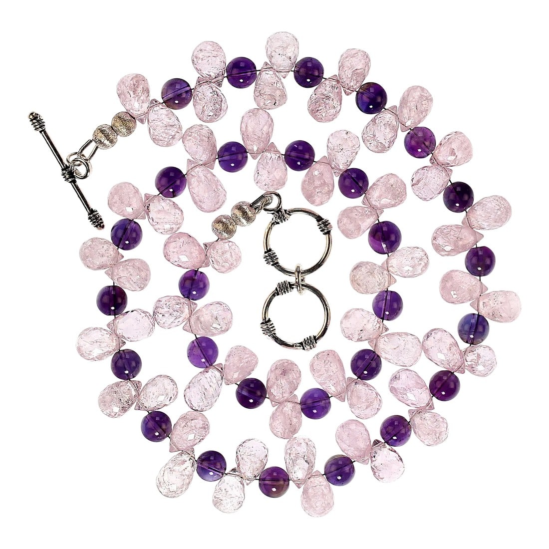 Glittering Morganite and Amethyst Necklace: This is part of Chairish's Fine Jewelry assortment. Stunning One-of-a-Kind Morganite and Amethyst Necklace – 18 Inches of Sparkle Elevate your jewelry collection with this exquisite one-of-a-kind