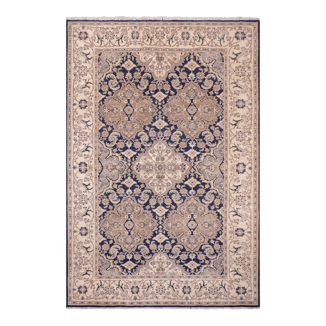 Tribal Heriz Ziegler Blue Beige Hand-Knotted Rug - 5'11'' X 8'8'': Enhance the ambiance of your home with this magnificent Persian-influenced Turkish hand-knotted rug made by skilled artisans capable of creating the most exceptional vegetable dyes and hand-spun