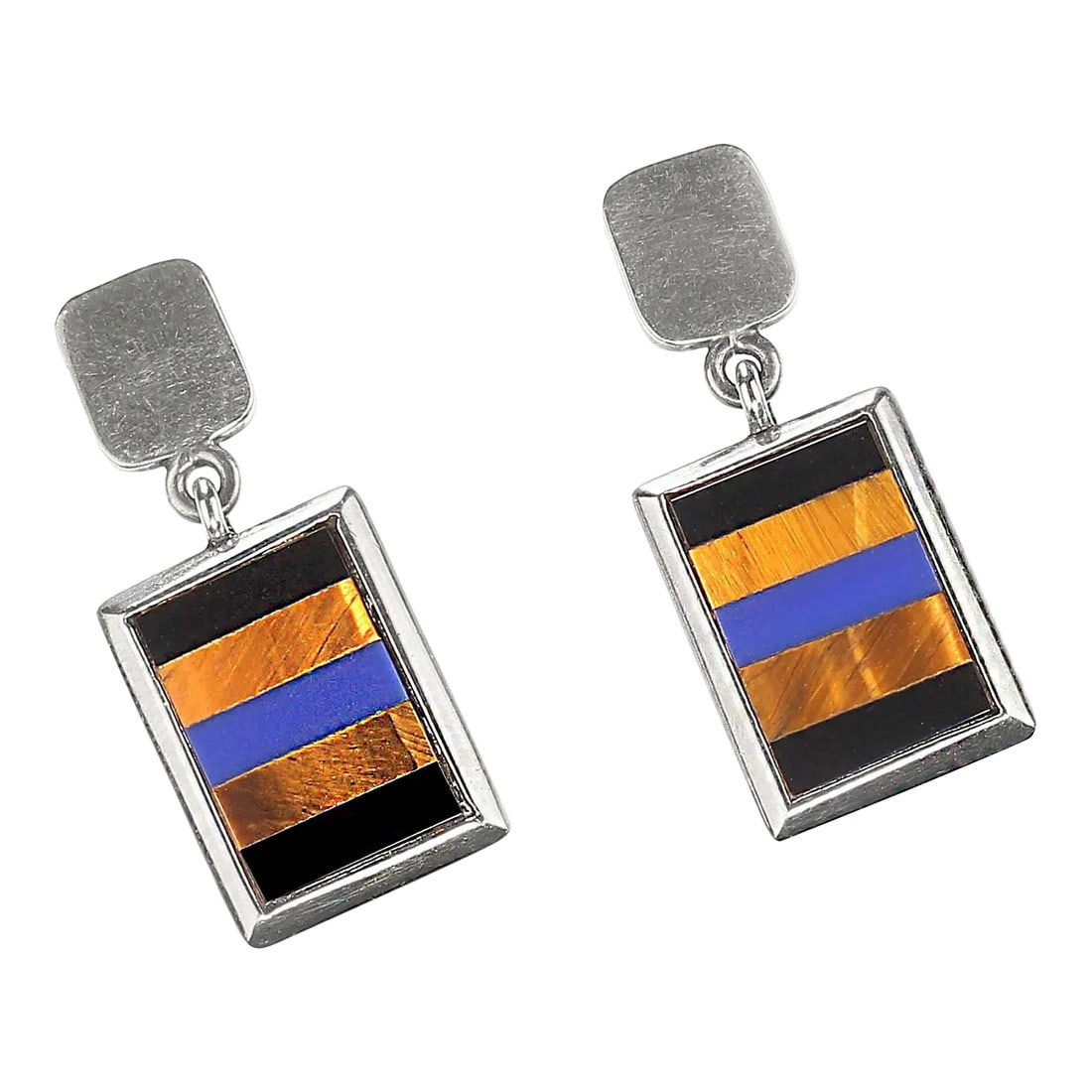 1990s Southwest Style Sterling Silver Dangle Earrings - 2 Pieces: This is part of Chairish's Costume Jewelry assortment. Sterling Silver Tiger's Eye Stripe Dangle Earrings – Bold and Unique Design Elevate your style with these striking sterling silver dangle