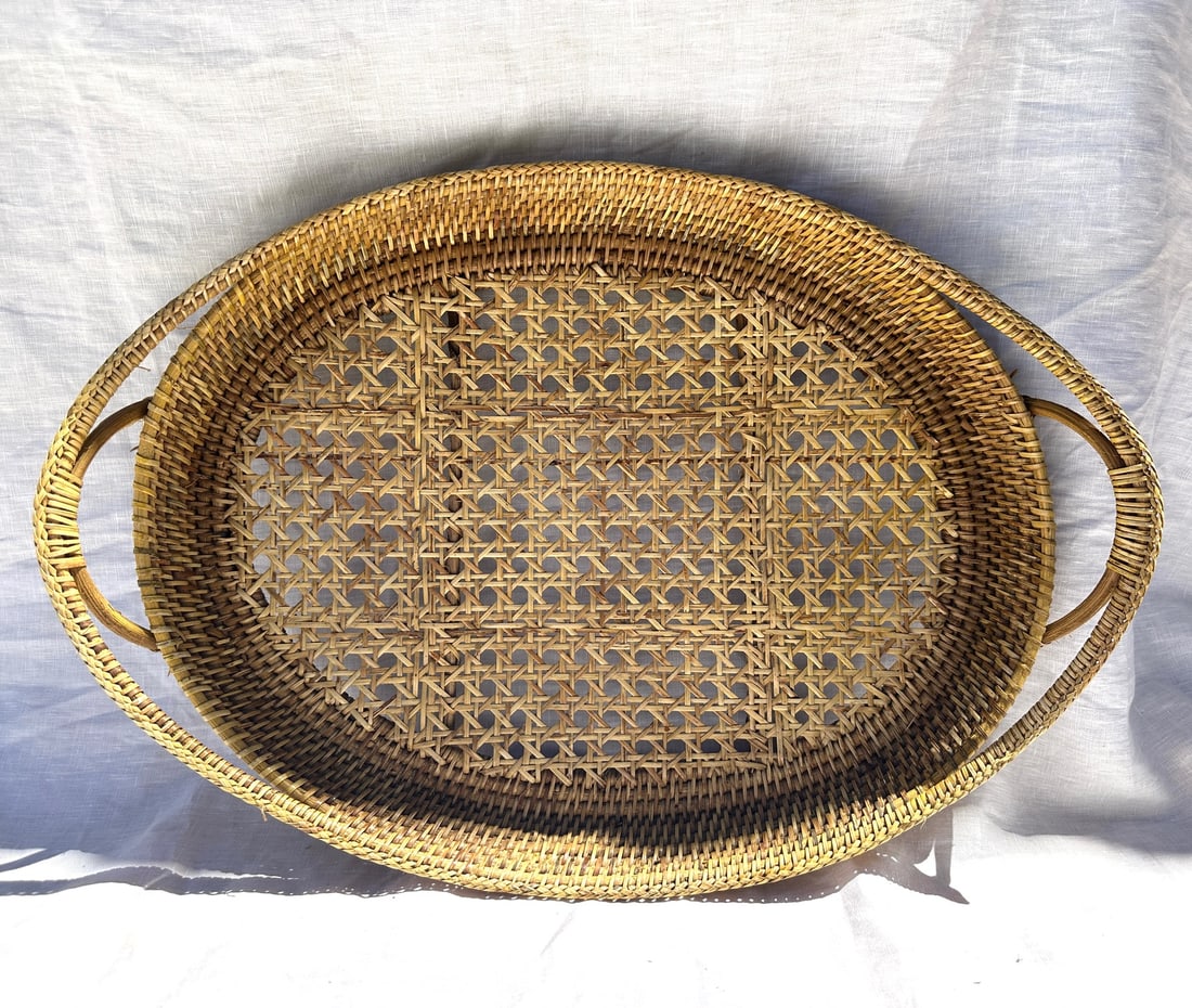 Vintage Cane/Rattan Oval Serving Tray - 2