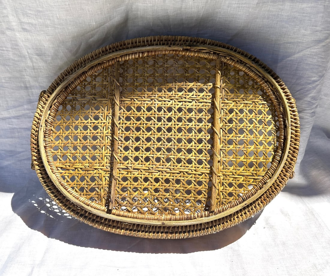 Vintage Cane/Rattan Oval Serving Tray - 3