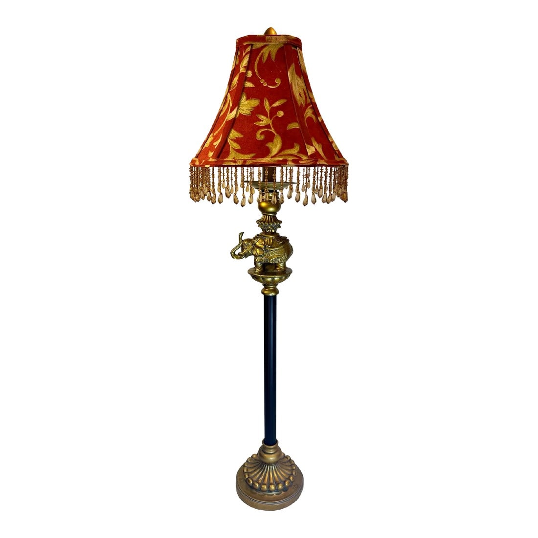 Vintage Regency Golden Elephant on Column Table Lamp With Beaded Shade: Introducing the stunning Vintage Regency Golden Elephant on Pedestal Column Table Lamp! This exquisite lamp effortlessly blends elegance and exotic charm, creating a captivating centerpiece for any