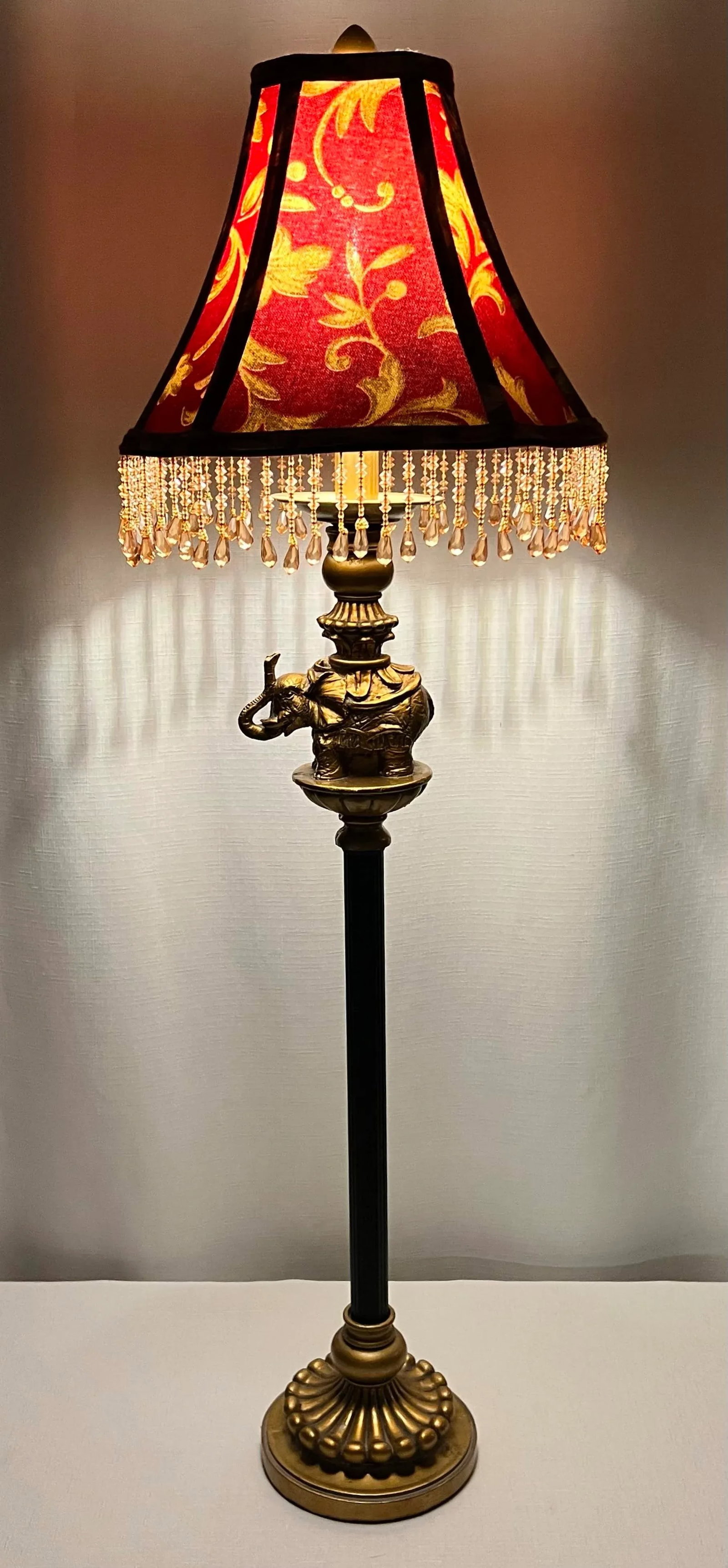 Vintage Regency Golden Elephant on Column Table Lamp With Beaded Shade - 2