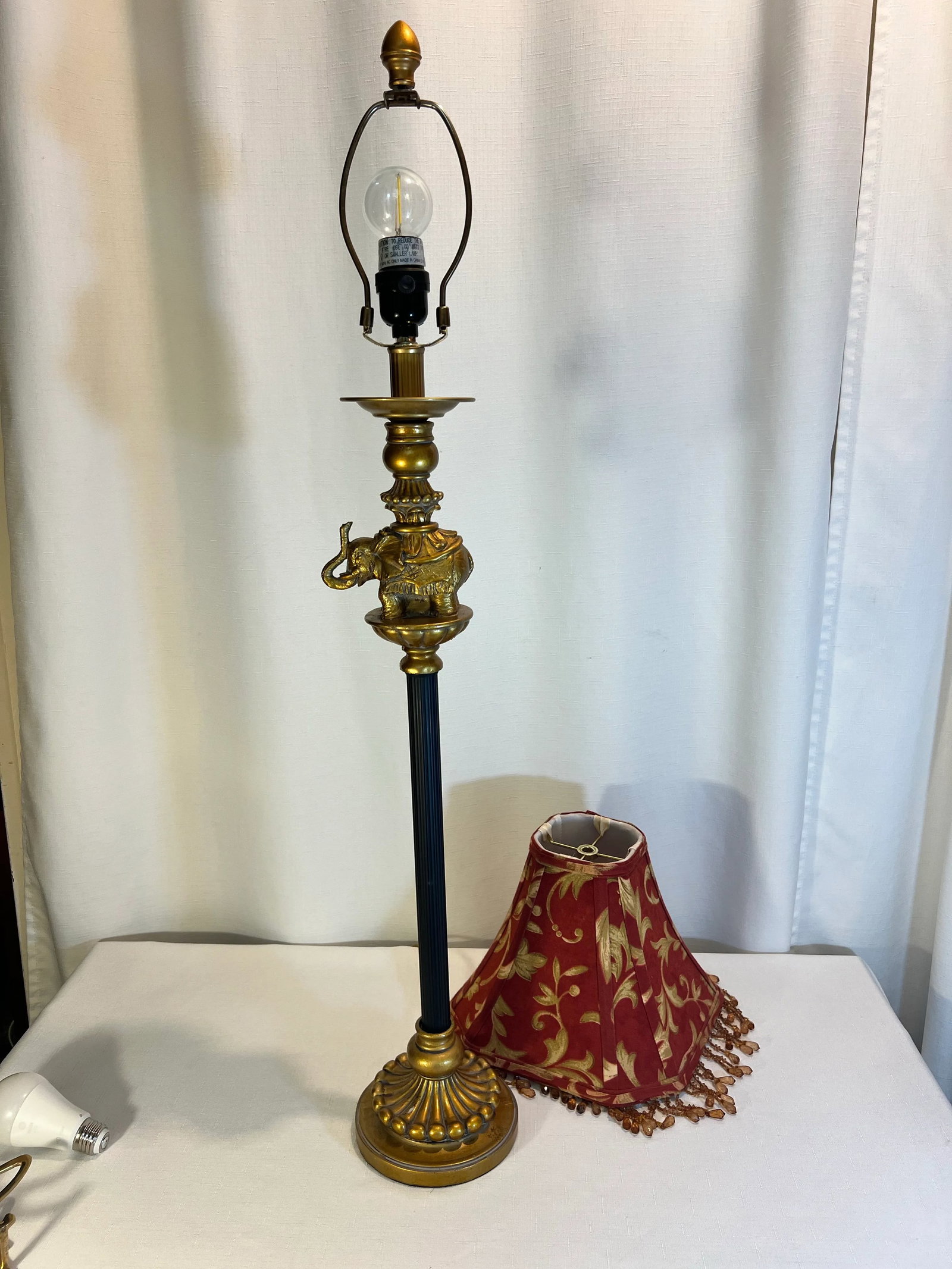 Vintage Regency Golden Elephant on Column Table Lamp With Beaded Shade - 3