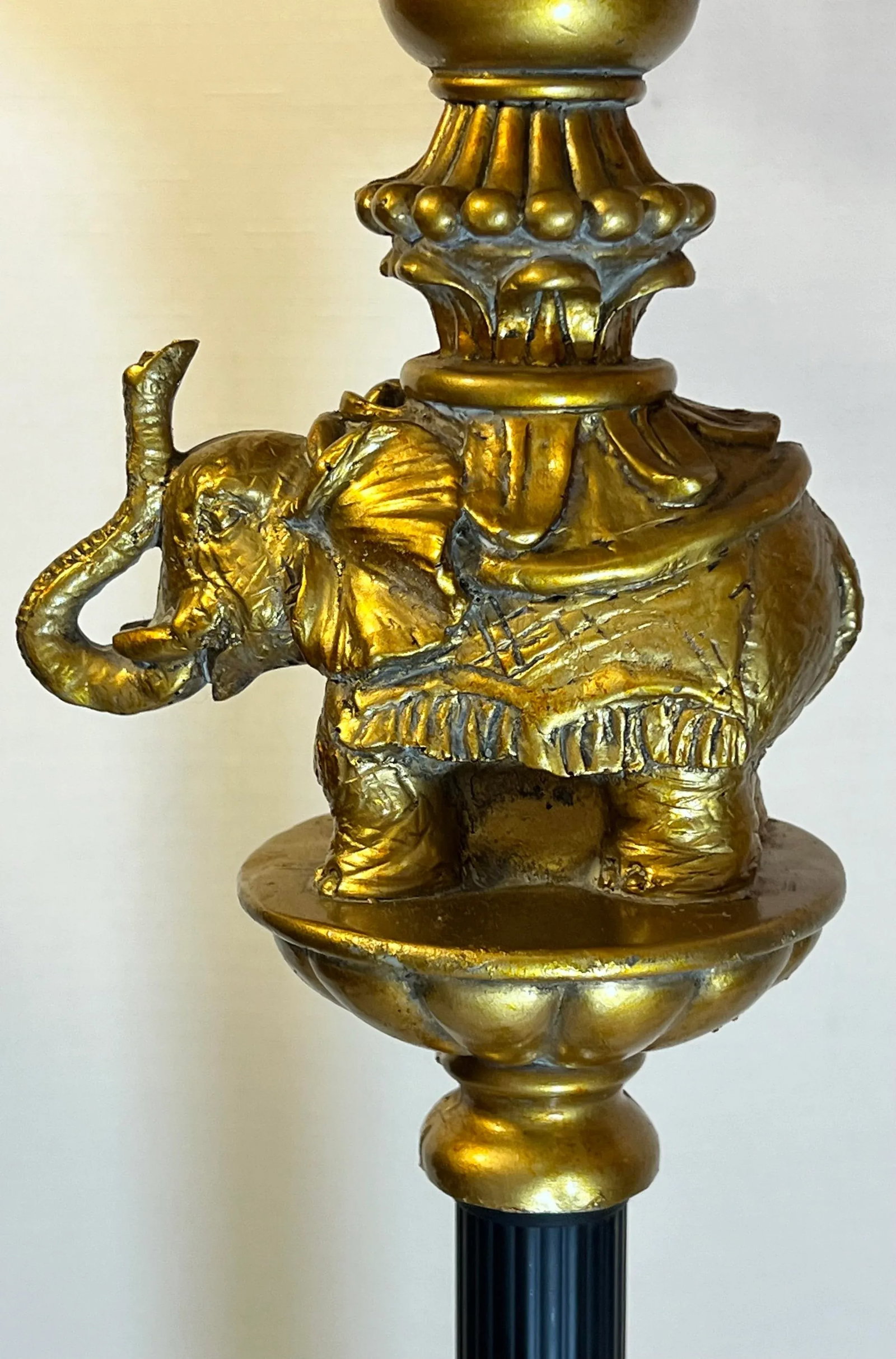Vintage Regency Golden Elephant on Column Table Lamp With Beaded Shade - 5