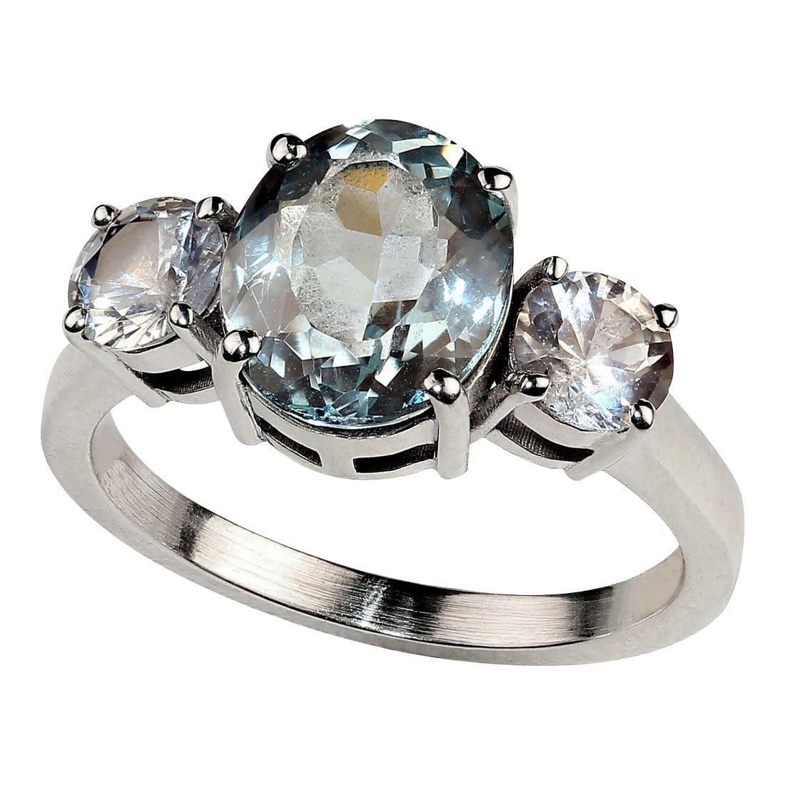 AJD Delicate 3 Carat Oval Aquamarine Accented by White Sapphires Ring Size 8.25: This is part of Chairish's Fine Jewelry assortment. This exquisite ring showcases a luminous 3ct oval Aquamarine, beautifully complemented by two sparkling white Sapphires totaling 0.82cts, all set