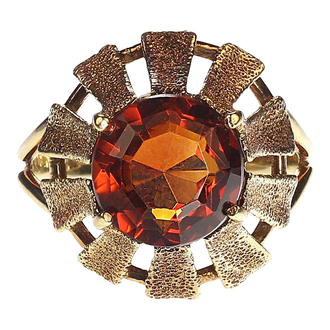 Vintage Ring 14k Gold Sunflower Setting for Round Citrine Size 5.5: This is part of Chairish's Fine Jewelry assortment. Stunning 10MM Citrine Ring in Antiqued 14K Yellow Gold Discover the elegance of our beautiful round 10MM citrine ring, expertly prong set in