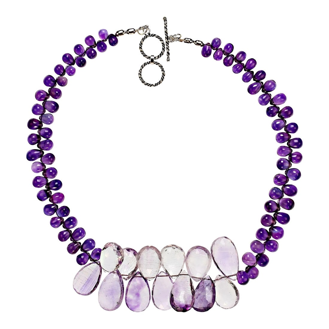 Amethyst Necklace: This is part of Chairish's Fine Jewelry assortment. Stunning 17-Inch Amethyst Necklace with Moss Amethyst Briolettes Elevate your jewelry collection with this 17-inch unique and exquisite Amethyst