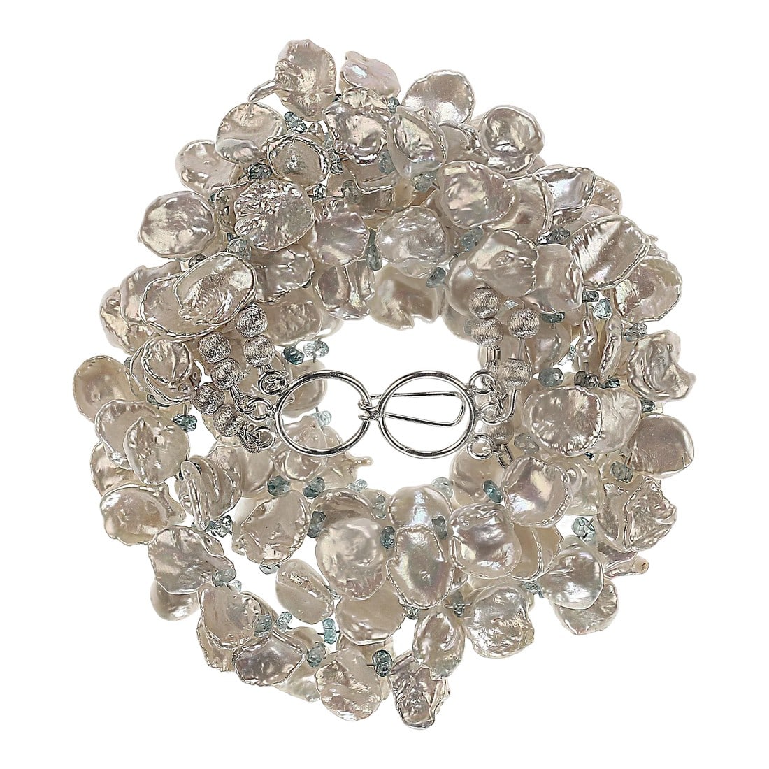 Triple Strand of White Keshi Pearls Accented With Blue Zircons: This is part of Chairish's Fine Jewelry assortment. Elegant Triple Strand White Keshi Pearl Necklace with Blue Zircon Accents Elevate your jewelry collection with this exquisite Triple Strand White