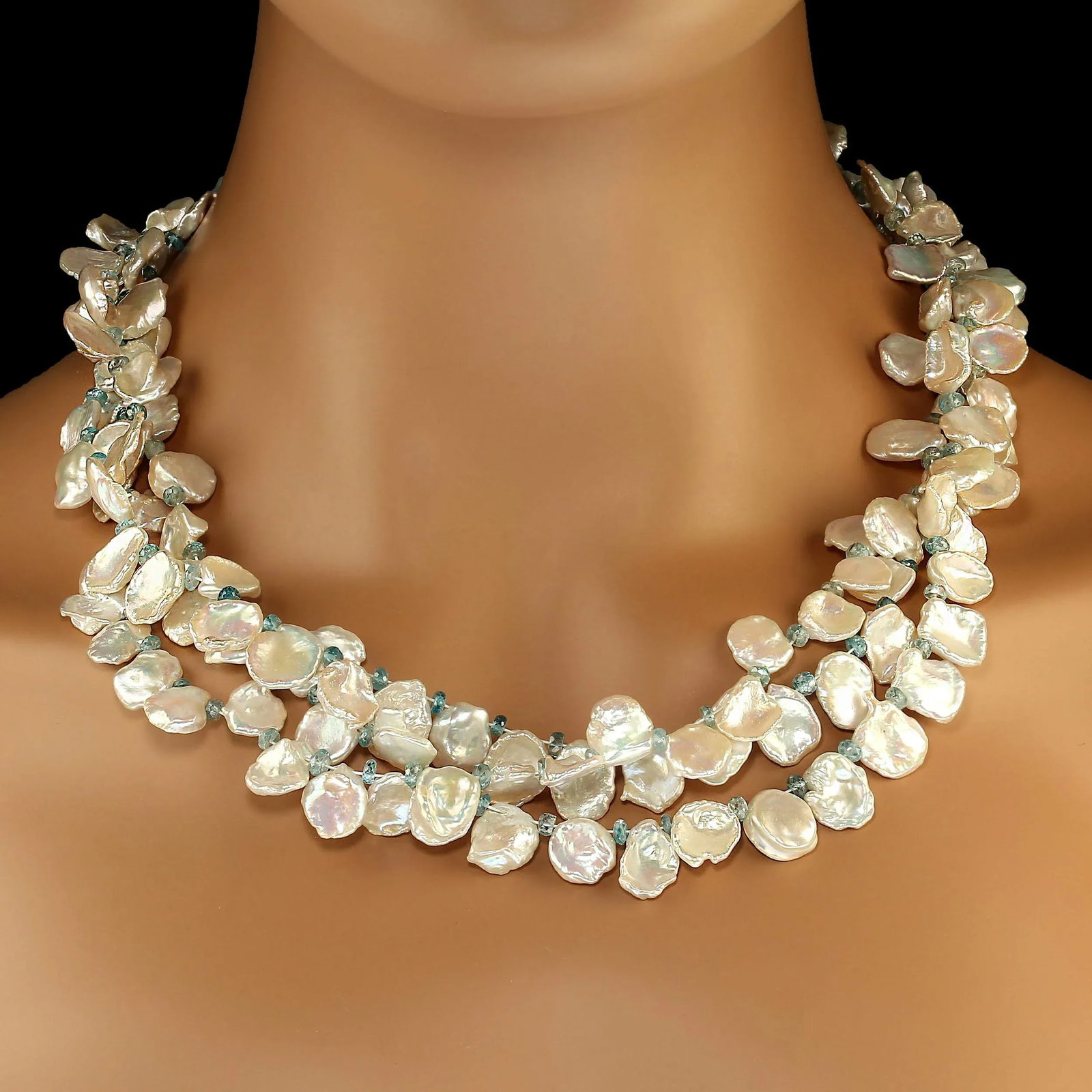 Triple Strand of White Keshi Pearls Accented With Blue Zircons - 2