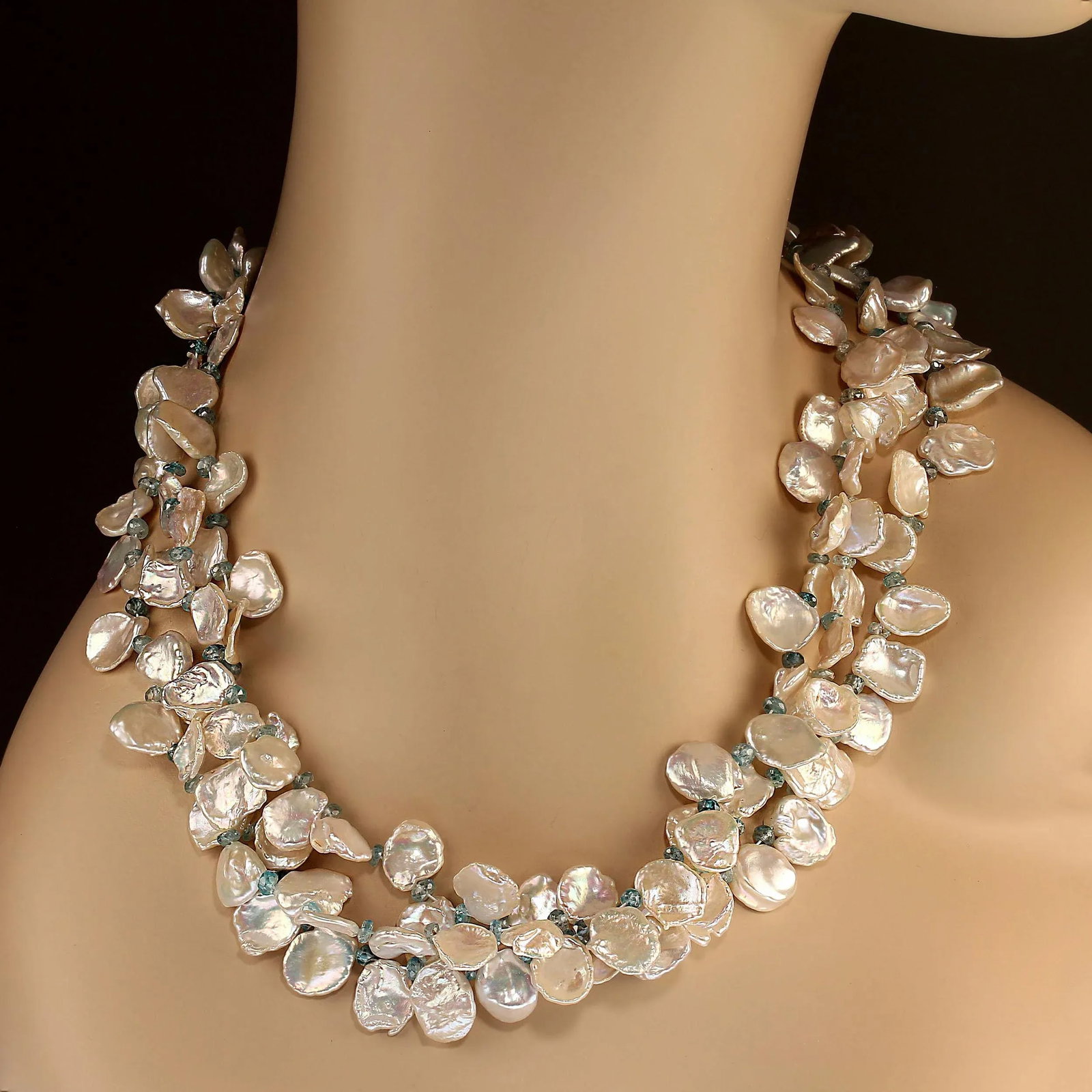 Triple Strand of White Keshi Pearls Accented With Blue Zircons - 3