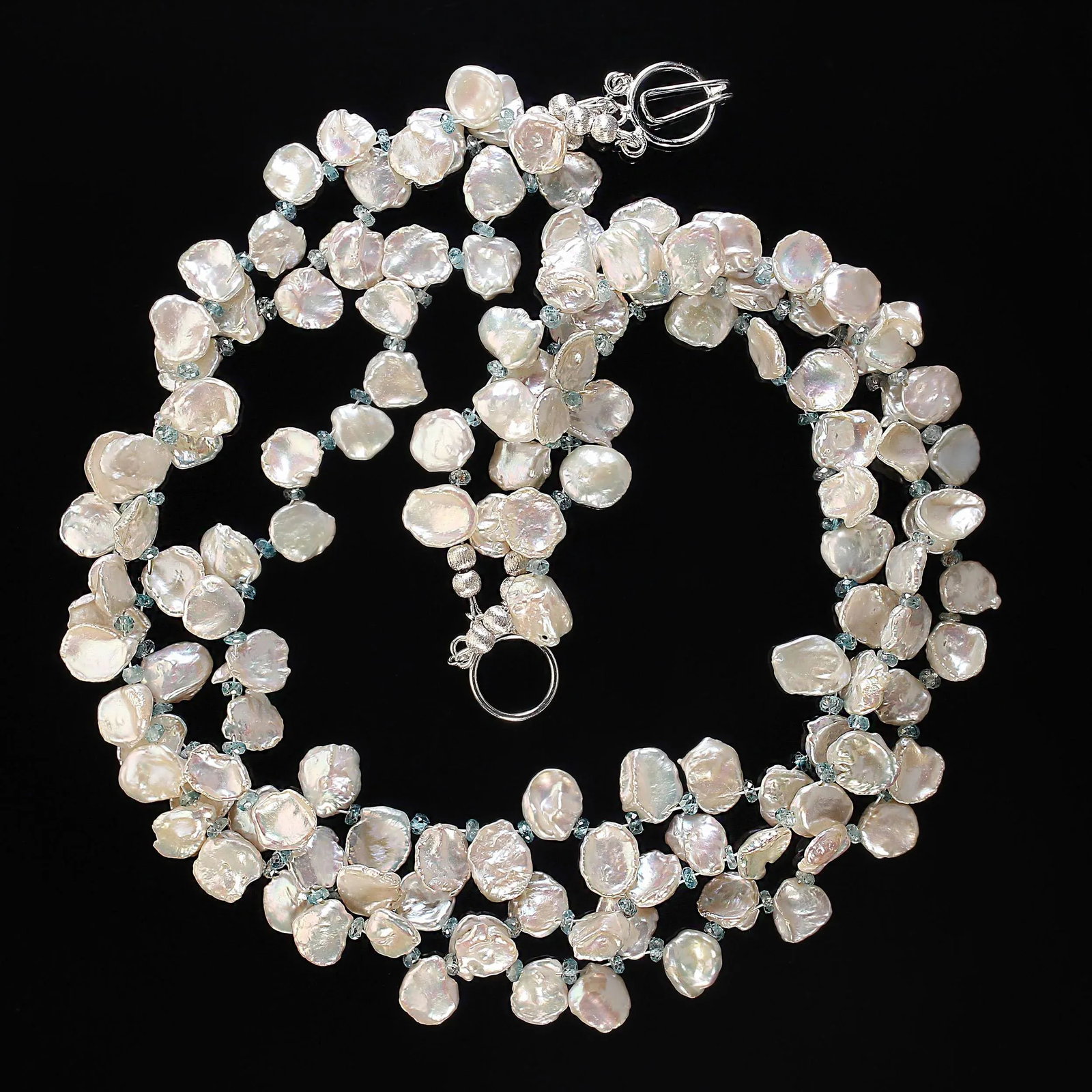 Triple Strand of White Keshi Pearls Accented With Blue Zircons - 4