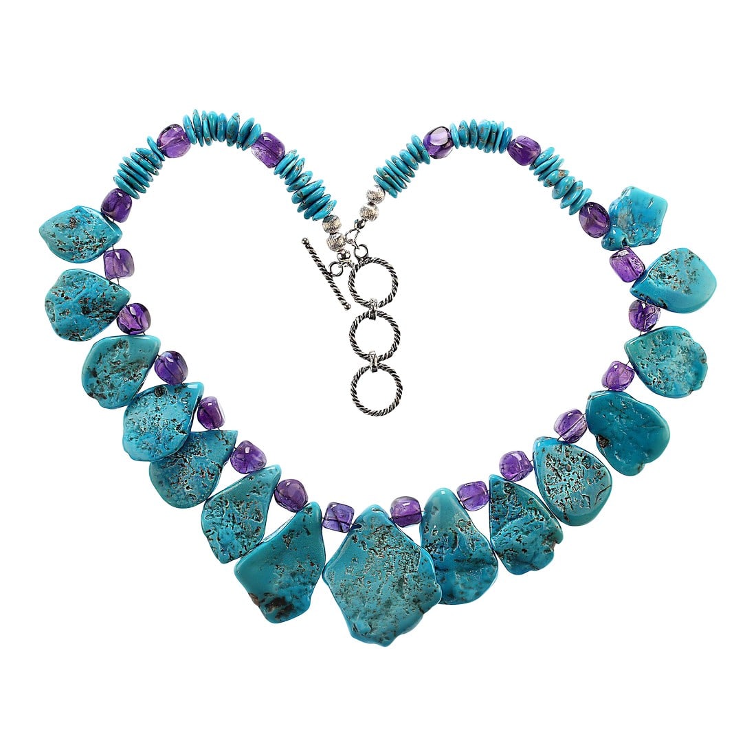 Graduated Sleeping Beauty Turquoise Tablets and Amethyst Necklace: This is part of Chairish's Fine Jewelry assortment. Stunning 18-Inch Sleeping Beauty Turquoise and Amethyst Necklace Elevate your jewelry collection with this one-of-a-kind 18-inch necklace,