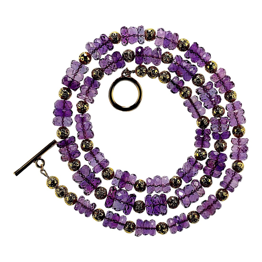 Lilac Amethyst & Lava Rock Necklace: This is part of Chairish's Fine Jewelry assortment. Stunning 27-Inch Sparkling Lilac Amethyst Necklace with Gold Lava Accents – Perfect for Elegance and Shine Elevate your style with this 27-inch