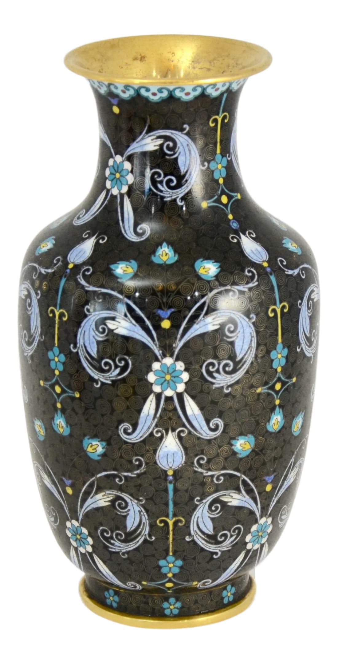 Aqua Floral Chinese Noir Cloisonné Vase: Early 20th Century Chinese noir cloisonné vintage vase hand decorated with a floral design in aqua, blue, yellow and white over a high contrast ebony and gold tight spiral wire background as well as