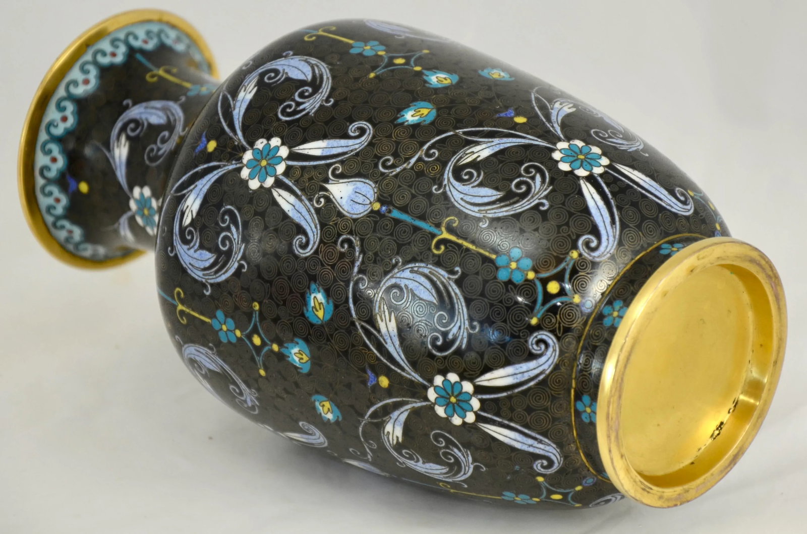 Aqua Floral Chinese Noir Cloisonné Vase - 5