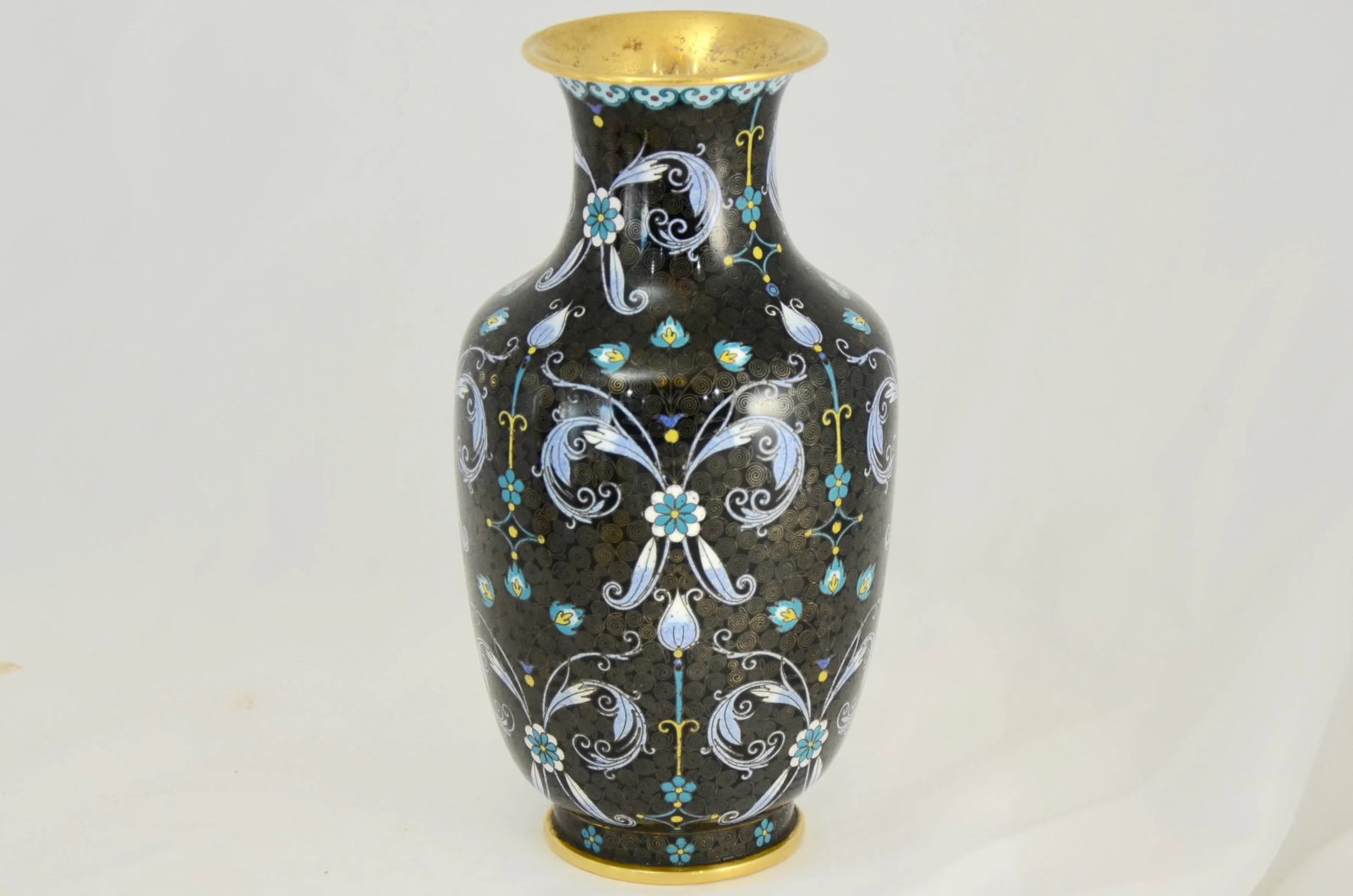 Aqua Floral Chinese Noir Cloisonné Vase - 6