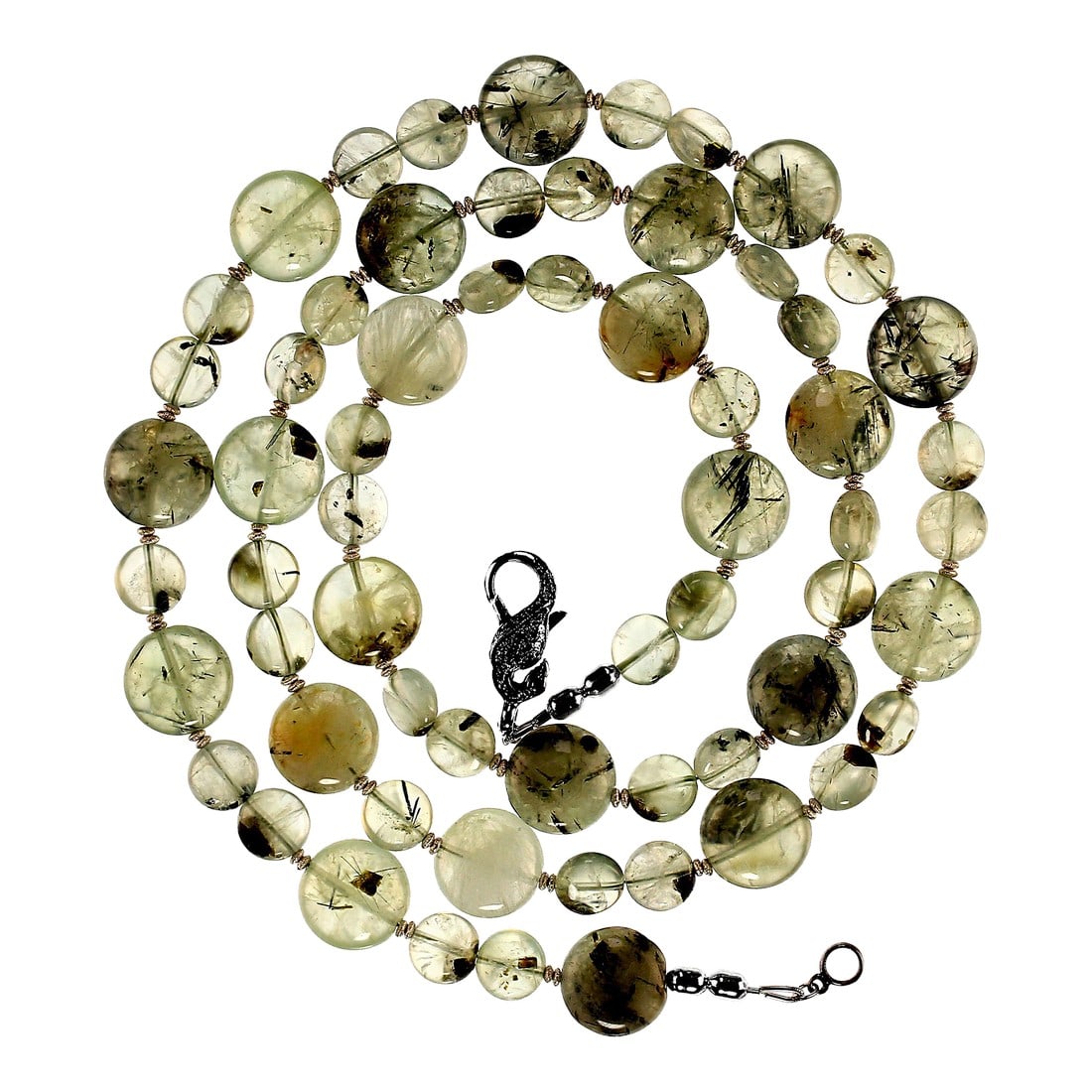 Green Prehnite With Sterling Accents Necklace: This is part of Chairish's Fine Jewelry assortment. Versatile 34-Inch Brazilian Prehnite Necklace with Sterling Silver – Perfect for Summer Elevate your summer style with this exquisite 34-inch