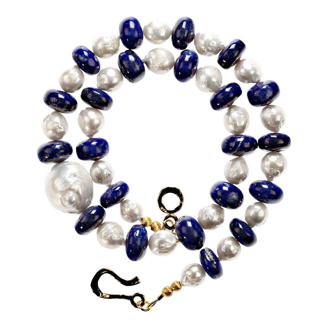 White Pearl and Blue Lapis Lazuli Necklace: This is part of Chairish's Fine Jewelry assortment. 20-Inch Lapis Lazuli and White Pearl Necklace with 14K Gold Vermeil Clasp This stunning 20-inch necklace is a captivating blend of deep blue