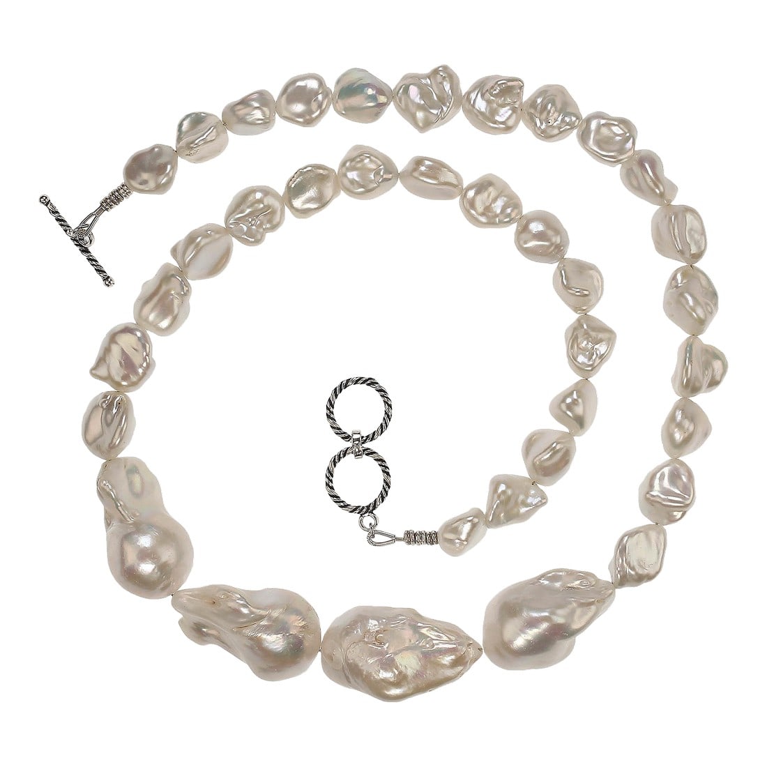 White Pearl Statement Necklace With Four Front Focal Pearls: This is part of Chairish's Fine Jewelry assortment. 23-Inch White Chinese Freshwater Pearl Statement Necklace with Baroque Pearl Accents Elevate your style with this stunning 23-inch statement