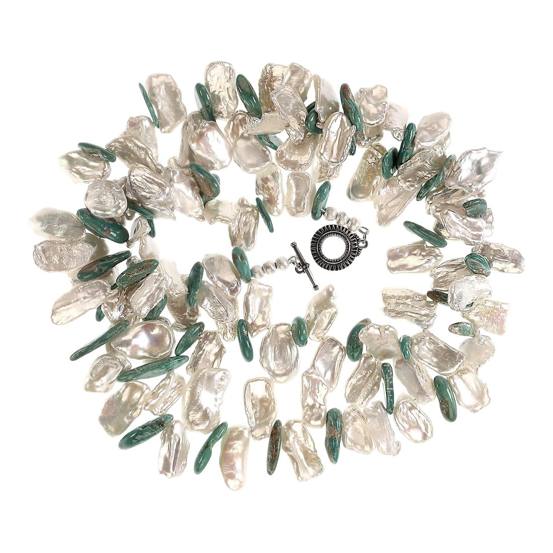 Elisa Turquoise Dangles and Flat White Keshi Pearls Necklace: This is part of Chairish's Fine Jewelry assortment. Unique 38-Inch Elisa Turquoise and White Flat Keshi Pearl Necklace Elevate your jewelry collection with this unique 38-inch necklace, featuring