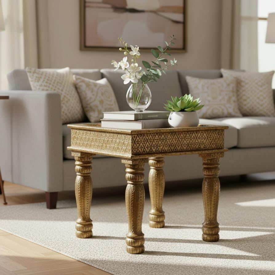 1980s Vintage Brass Foil Cladded Solid Wood Square End Table - 2