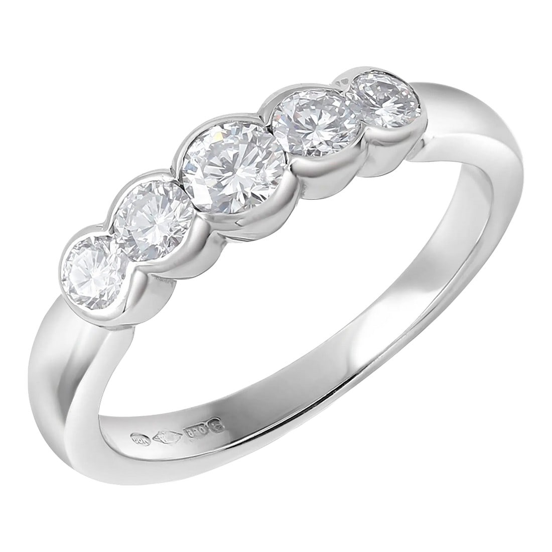 Platinum Vintage Five Graduated Diamond Scalloped Edge 0.30 Carat Ring Size 6: This is part of Chairish's Fine Jewelry assortment. Introducing our exquisite Platinum Vintage Five Stone Diamond Ring, a timeless piece that exudes elegance and sophistication. This stunning ring