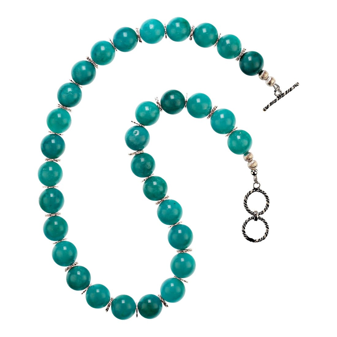 Green Amazonite Necklace: This is part of Chairish's Fine Jewelry assortment. 20-Inch Amazonite Necklace with Silver Daisy Accents and Twisted Rope Toggle Clasp Add a touch of elegance to your wardrobe with this 20-inch