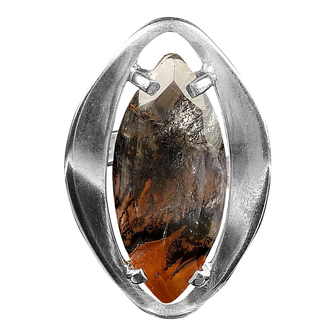 Late 20th Century Black & Orange Dendritic Quartz in Handmade Sterling Silver Ring Size 5.5: This is part of Chairish's Costume Jewelry assortment. Dramatic Dendritic Quartz Ring with Orange and Black Features – Unique Marquise-Shaped Gemstone in Sterling Silver This striking dendritic