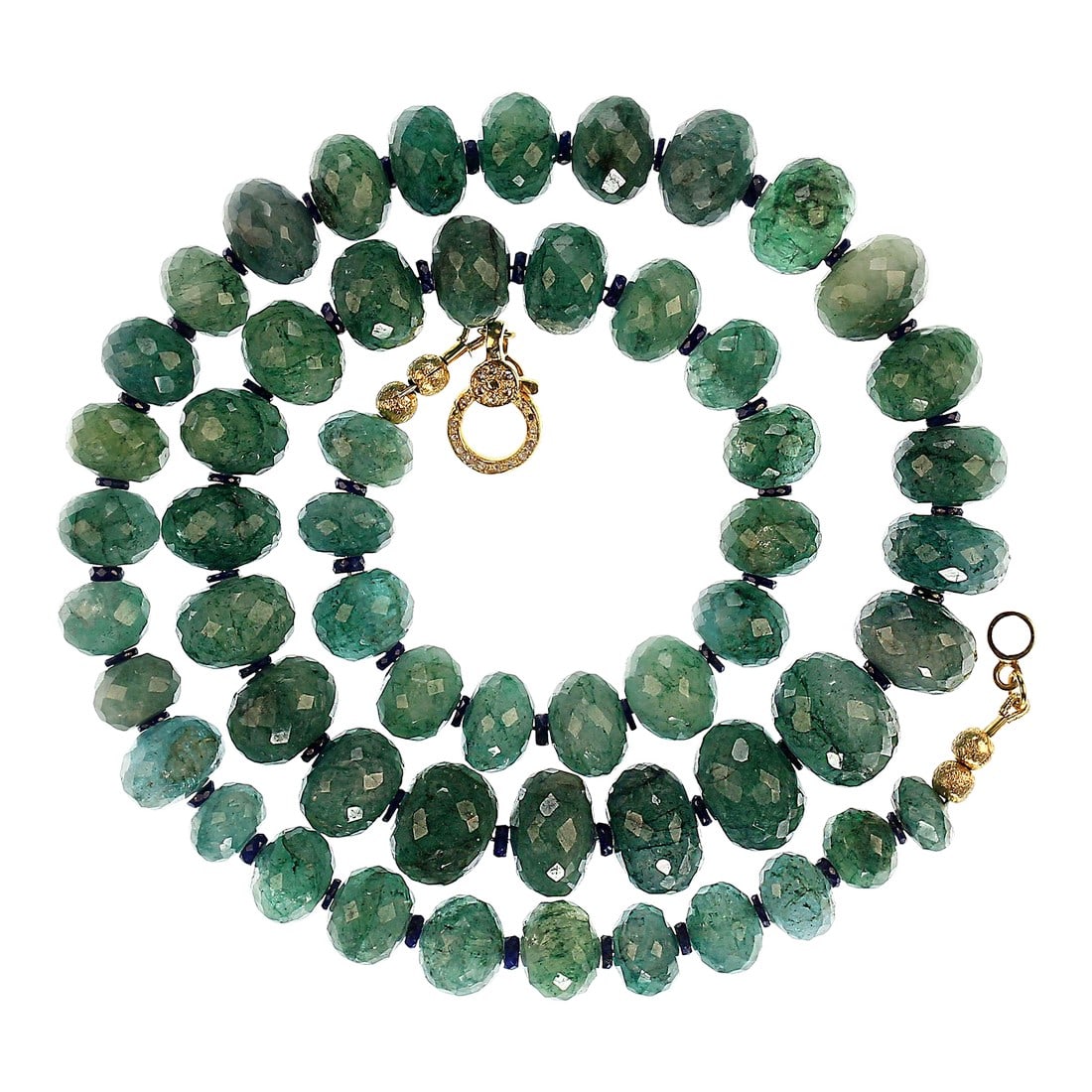 Green Beryl/Emerald Graduated Faceted Necklace: This is part of Chairish's Fine Jewelry assortment. 21-Inch Green Beryl/Emerald Necklace with Blue Lapis Lazuli Accents and Gold Vermeil Clasp Add a touch of vibrant elegance to your wardrobe with