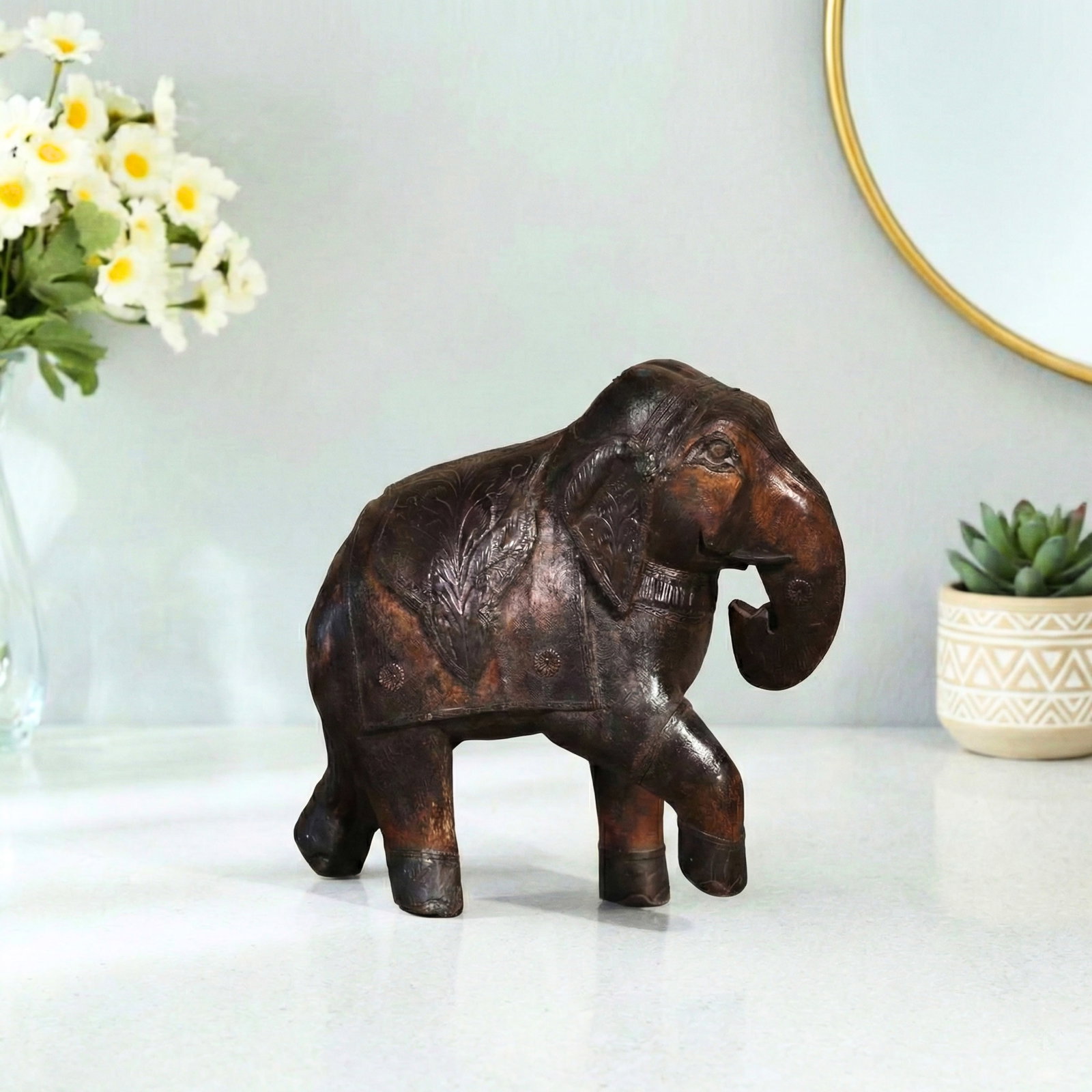 Vintage Solid Wood Handmade Elephant Statue - 2
