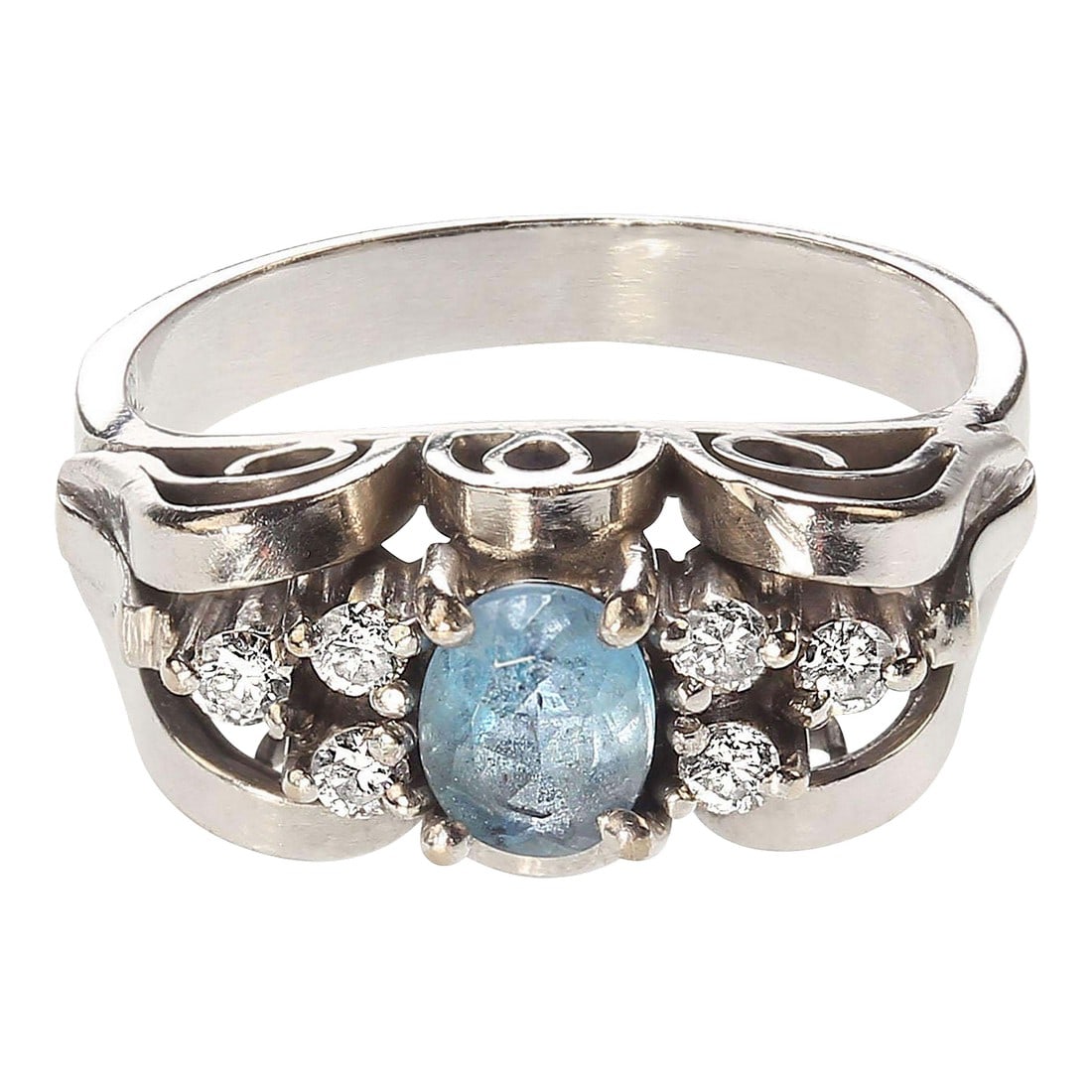 Late 20th Century Brazilian Aquamarine Accented With 6 Diamonds in White Gold Ring Size 3.75: This is part of Chairish's Fine Jewelry assortment. Exquisite 18K White Gold Aquamarine Ring – Brazilian Beauty Discover the elegance of this stunning aquamarine ring, expertly crafted in Brazil.