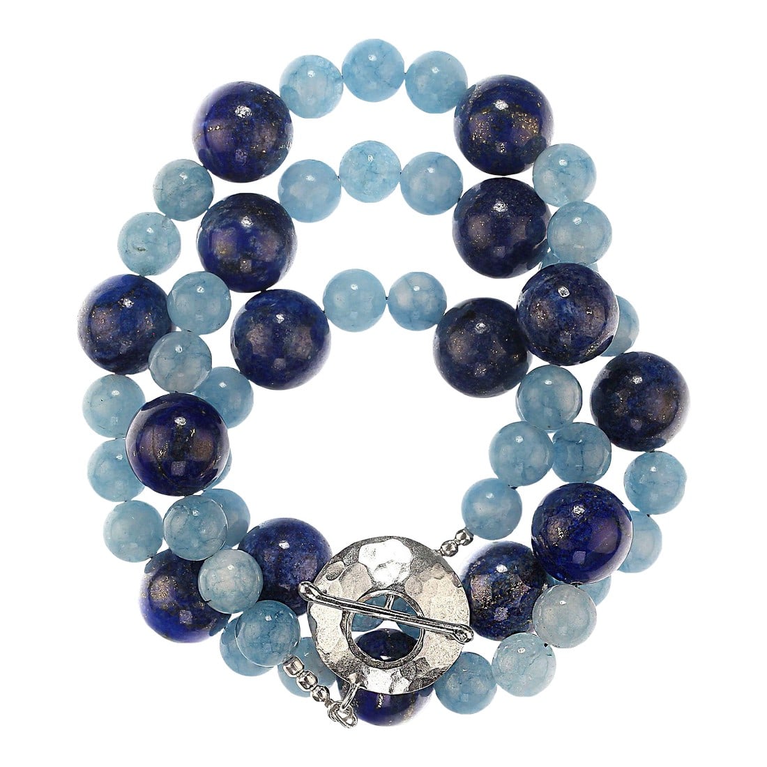 Lapis Lazuli and Aquamarine Statement Necklace: This is part of Chairish's Fine Jewelry assortment. 27-Inch Lapis Lazuli and Aquamarine Statement Necklace with Hammered Silver Toggle Clasp Elevate your jewelry collection with this bold and striking