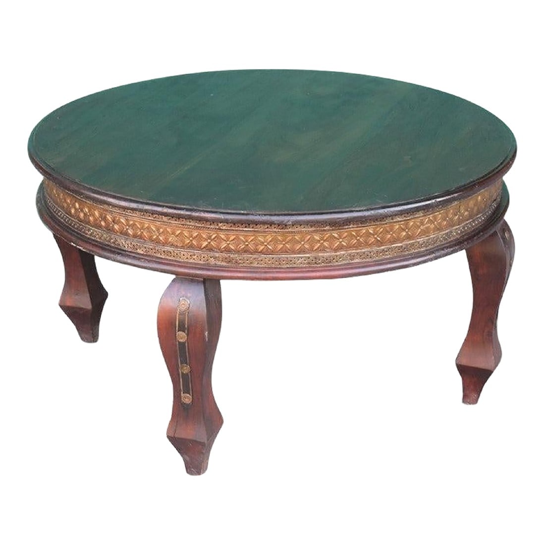 36" Round Solid Wood Cocktail Table With Brass Accents: This vintage cocktail table came from a wealthy merchant's home in Punjab, India. This eclectic round coffee table features hand hammered brass foil detailing in the apron which adds to the antiquity